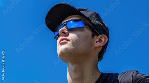 A teenage boy wearing sunglasses and a hat looks up into the blue sky © monvideo