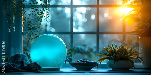Benefits of Light Therapy Lamps for Regulating Sleep Patterns. Concept Improved Mood, Increased Energy Levels, Regulation of Circadian Rhythms, Reduced Seasonal Depression, Enhanced Focus photo