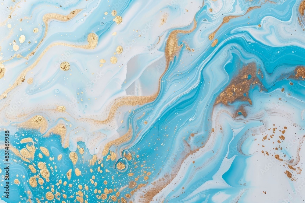Abstract blue and white marbled painting adorned with opulent and luxurious gold accents