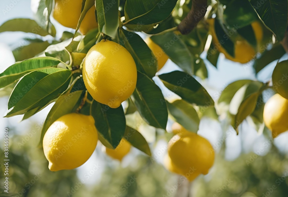 AI generated illustration of beautiful ripe lemons on a sunlit tree branch AI generated illustration of beautiful ripe lemons on a sunlit tree branch