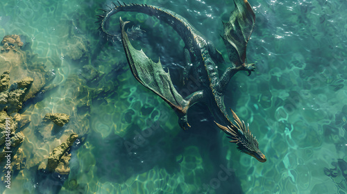 A giant dragon swimming on the clear sea