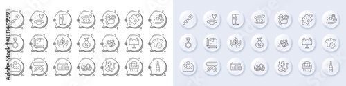 Online shopping, Loan and Beer bottle line icons. White pin 3d buttons, chat bubbles icons. Pack of Working process, Love letter, Fair trade icon. Meeting, Honeymoon cruise, Fork pictogram. Vector