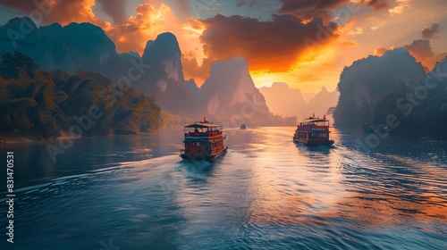 beautiful view in the afternoon  boats on the river and two mountains © XtzStudio