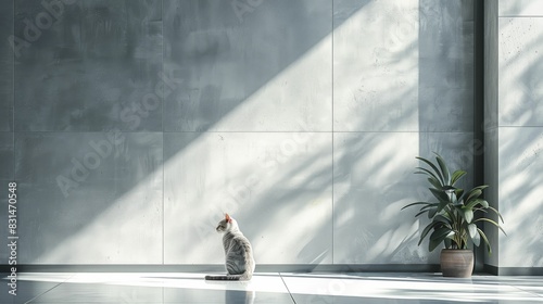 An observant cat symbolizing the keen observation needed for business insights prowls through a sleek, modern office with soft lighting and minimal style. photo