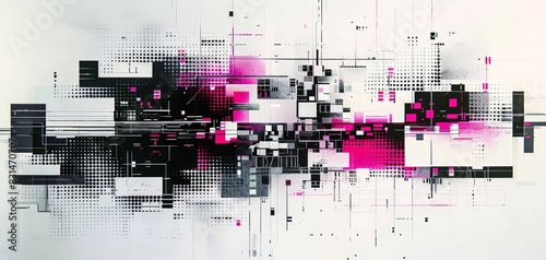 Grunge noise Creative Mixed media collage retro futuristic poster featuring an Abstract digital art blending pixelated patterns with geometric shapes in black, white, and pink.