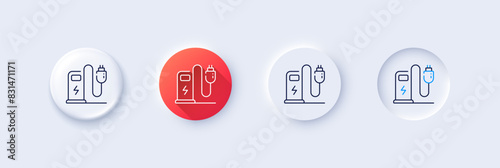 Charging station line icon. Neumorphic, Red gradient, 3d pin buttons. Car charge plug sign. Electric power symbol. Line icons. Neumorphic buttons with outline signs. Vector