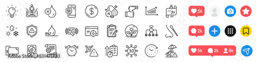 Nasal test, Alarm clock and Settings blueprint line icons pack. Social media icons. Light bulb, Chart, Computer web icon. Qr code, Weather, Augmented reality pictogram. Vector