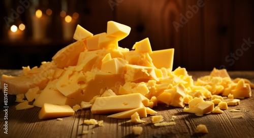 Cheese collection, piece of cheese on wooden board over dark background