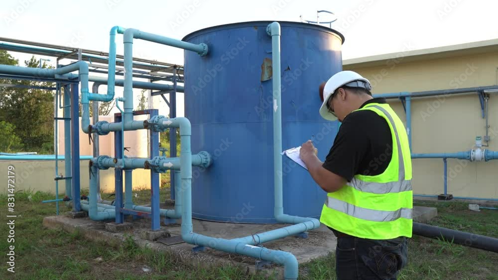 An environmental engineer inspects water quality at a water treatment plant,Manager and worker controls the amount of chlorine in the water,Senior technician working at the water storage plant to use An environmental engineer inspects water quality at a water treatment plant,Manager and worker controls the amount of chlorine in the water,Senior technician working at the water storage plant to use
