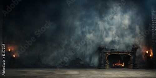A Spacious Dimly Lit Room with Smoke, Damp Walls, and Rough Textures. Concept Gothic Aesthetic, Moody Atmosphere, Dark Interiors, Distressed Surfaces, Eerie Ambiance