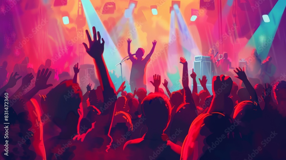 Silhouetted crowd with raised hands at a concert, colorful lighting. Dynamic music festival environment. Silhouetted crowd with raised hands at a concert, colorful lighting. Dynamic music festival environment.