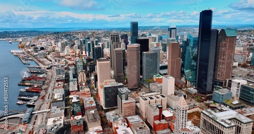 Group of skyscrapers in the downtown of Seattle, Washington, the USA. Aerial perspective on the vast cityscape at daytime. photo