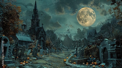 Design a captivating worms-eye view of a spooky graveyard with elaborate Halloween decorations, set against a moonlit sky, evoking a sense of mystery and intrigue