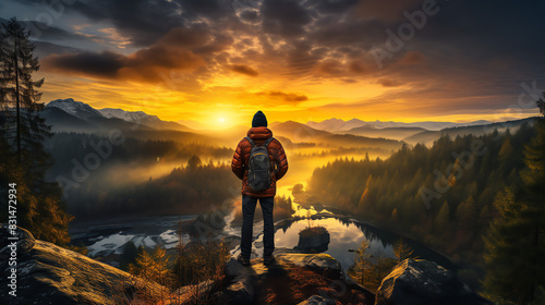 A person stands on the rocky edge of a body of water, with a large backpack and sun is setting behind them