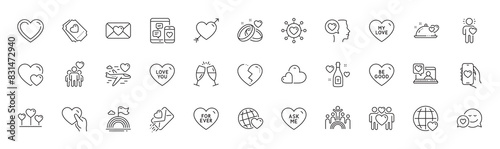 Romantic talk, Dating app and Social media line icons. Pack of Friends chat, Love ticket, Valentine icon. Romantic dinner, Broken heart, For ever pictogram. Ask me, Inclusion, Love you. Vector