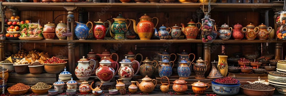 A vibrant display of various vases and bowls gracing a well-organized shelf, showcasing an array of colors, shapes, and sizes. Generative AI