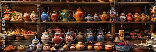 A vibrant display of various vases and bowls gracing a well-organized shelf, showcasing an array of colors, shapes, and sizes. Generative AI