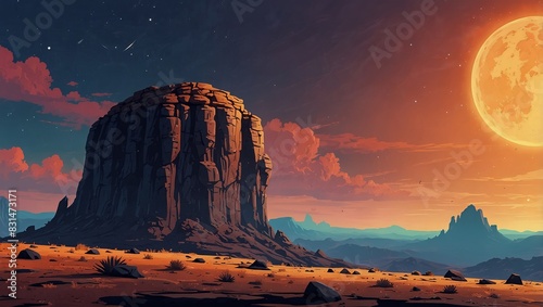 Alien cliffside with steep drops and craters under a vibrant sky for game backgrounds. 2d style photo