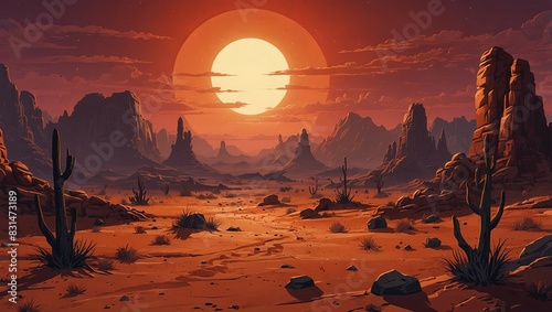 Alien desert landscape with red sky, rocky formations, and craters for game design. 2d style