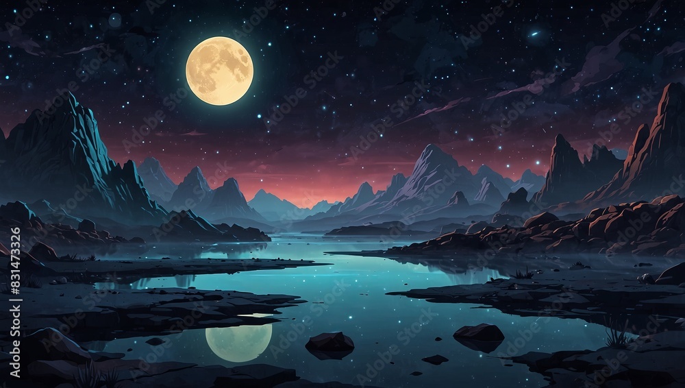 Alien planet landscape, space background with rocks and frozen pond under night sky with glowing stars and shining Moon sphere. Extraterrestrial cosmic pc game backdrop,. 2d style