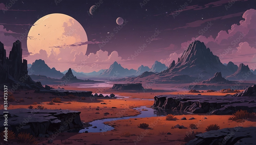 Alien plateau landscape with craters and floating islands under a ...