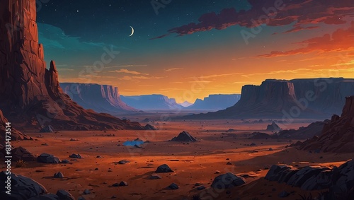 Alien valley landscape with deep craters and colorful sky for game backgrounds. 2d style