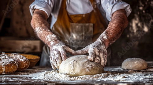 baker kneading dough in a rustic bakery