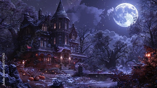 Create a long shot of a spooky haunted house with eerie Halloween decorations, under a full moon, focusing on intricate details in a photorealistic digital style