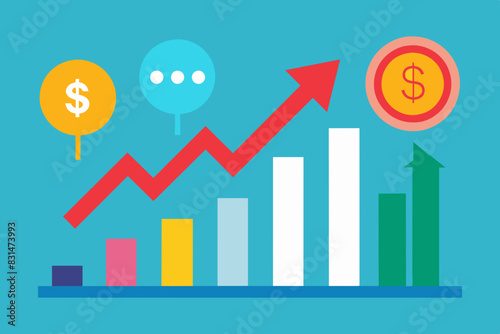Graph with rising red arrow symbolizing inflation growth, surrounded by economic indicators, minimalist infographic style on green background