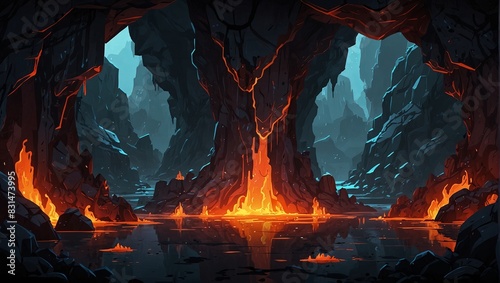Background environment of 2D abstract lava caves for adventure or battle mobile game. Dark lava caves cartoon style in game art background environment. 2d style