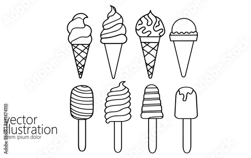 Single continuous one line art ice-cream dessert. Frozen waffle scoop cream popsicle bar cone concept design sketch outline drawing vector illustration