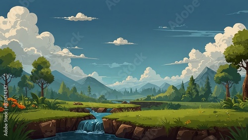 2D game level background asset with grassy platforms and sky backdrop. 2d style photo