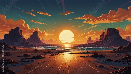 80s retro scene with solarizing master style, desert waves, horizon, god rays, cypherpunk. 2d style photo