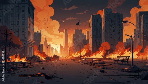 A city park is in flames, war has ravaged it, abandoned benches are burning, and skyscraper buildings are in collapse. Cartoon apocalypse game scene with layers. 2d style photo