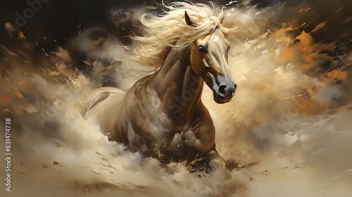 A palomino horse with a long, flowing mane is running in a cloud of dust.