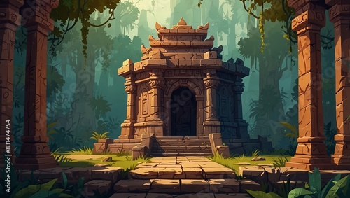 Abstract 2D ancient temple background for adventure or puzzle game. Temple cartoon style with carvings and vines. 2d style photo