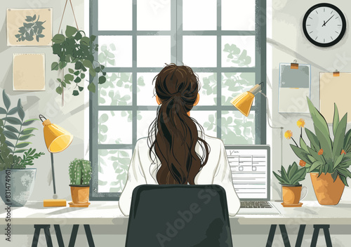 Productive Professional Woman Working Checklist on Laptop, Time Management Efficiency Concept, Business Goal Illustration
