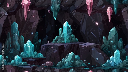 Abstract 2D crystal cave background for fantasy or adventure game. Crystal cave cartoon style with sparkling gems and rocks. 2d style