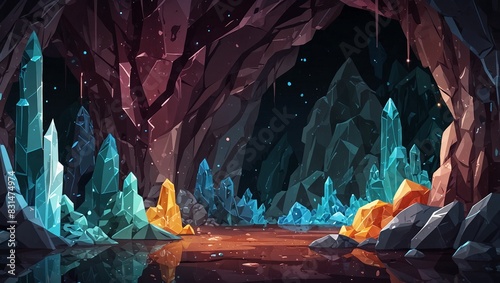 Abstract 2D crystal cave background for fantasy or adventure game. Crystal cave cartoon style with sparkling gems and rocks. 2d style