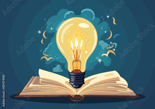 Unleashing Insights: Open Book Unveils Enlightened Creativity - Education, Learning, Reading for Inspiration, Discovering Ideas, Wisdom Concept Illustration