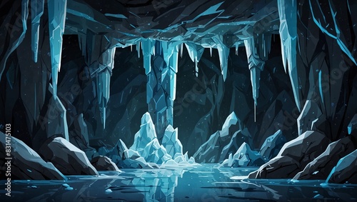 Abstract 2D icy cave background for winter or survival game. Icy cave cartoon style with icicles and frosty rocks. 2d style
