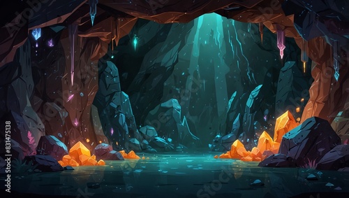 Abstract 2D mystical cave background for fantasy or adventure game. Mystical cave cartoon style with glowing crystals and shadows. 2d style