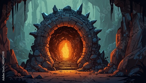 Abstract 2D dragon's lair background for fantasy or RPG game. Dragon's lair cartoon style with treasure and dragon nests. 2d style