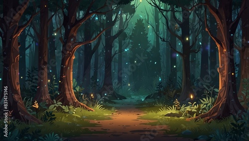 Abstract 2D enchanted forest clearing background for fantasy or RPG game. Forest clearing cartoon style with magical lights and trees. 2d style