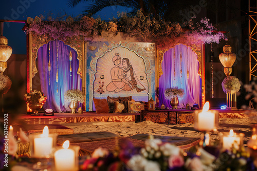 Pakistani weeding Mehndi stage, intimate ceremony,  with twilight, Color Scheme: soft desert pastels with vibrant textile. photo