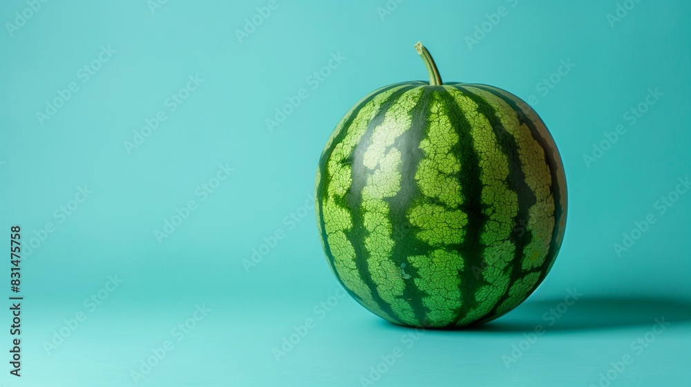 A large watermelon displayed against a vibrant blue backdrop