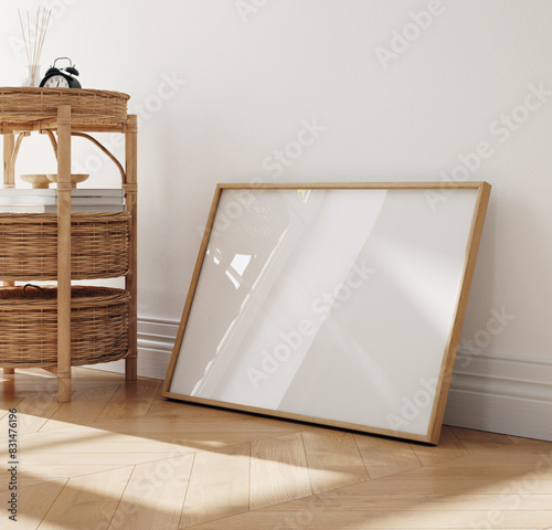 Mock up frame in home interior background, white room with natural wooden table and decor, 3d render