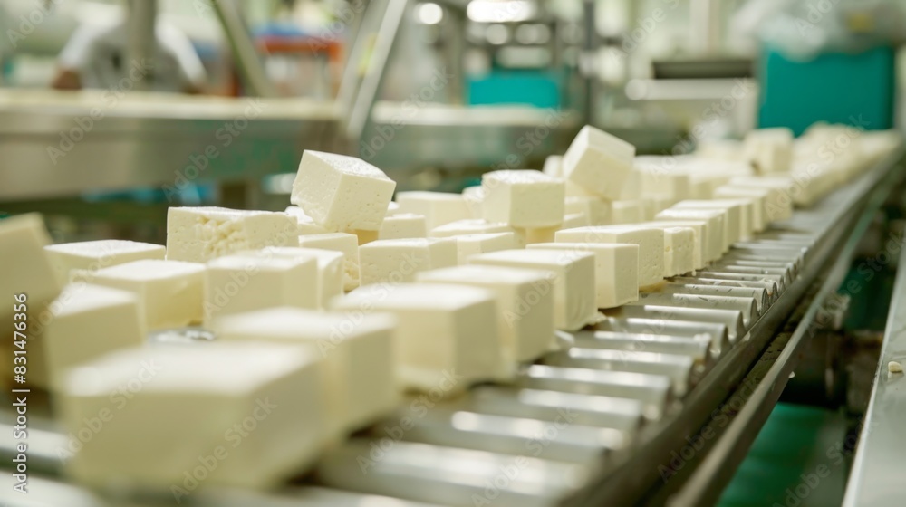 Conveyor belt moving lots of cheese cubes in a factory setting.