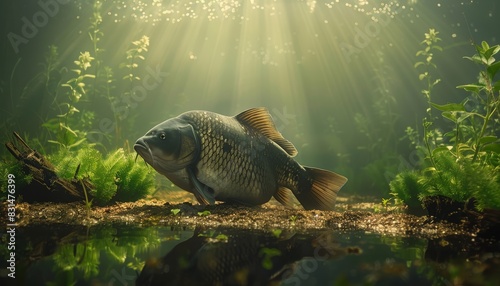 Vivid underwater image of a common carp elegantly gliding through crystal clear waters