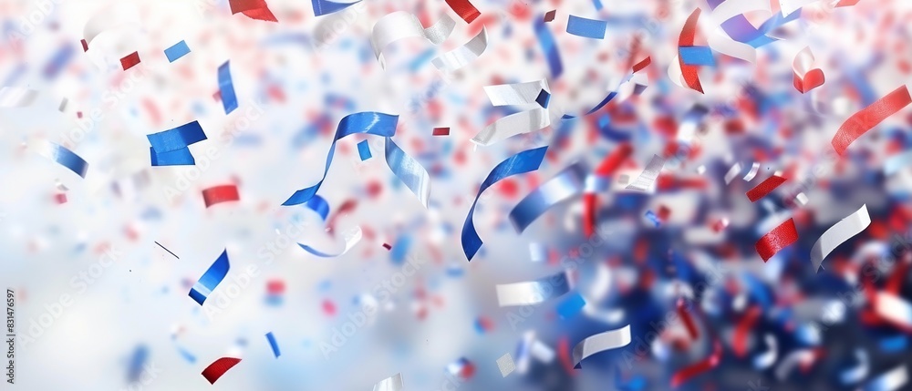 Obraz premium Blue, white and red confetti falling on a blurred background with copy space for an American national holiday design Generative AI